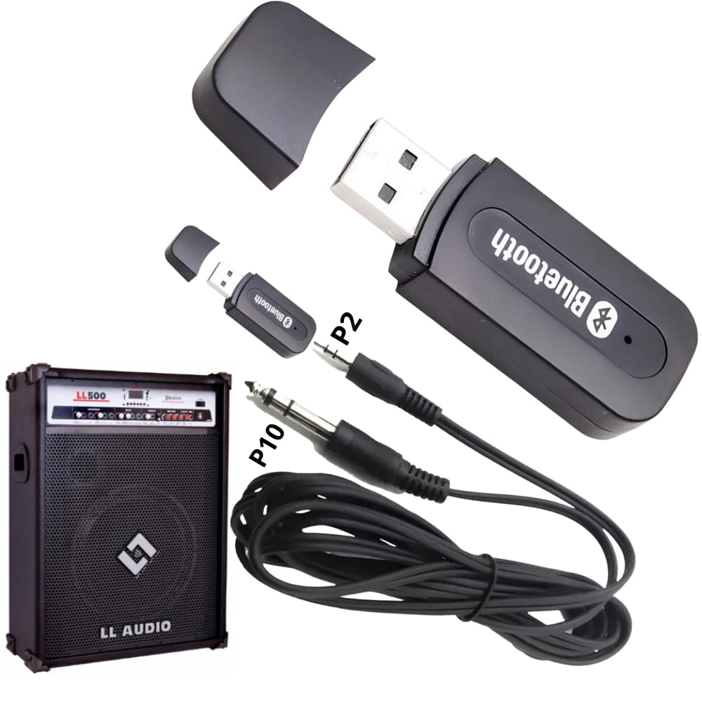Kit Adaptador Bluetooth e Cabo P2 x P10 de 1,5 Metros. Transforme Qualquer Caixa de Som em Bluethooth