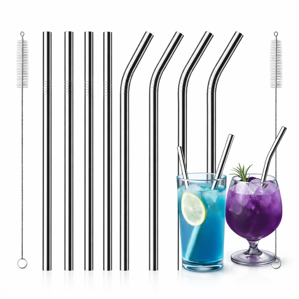 KIT CANUDOS INOX CURVOS RETOS  + Escova limpeza Reutilizáveis Bebidas Copo Drink - ENVIO IMEDIATO