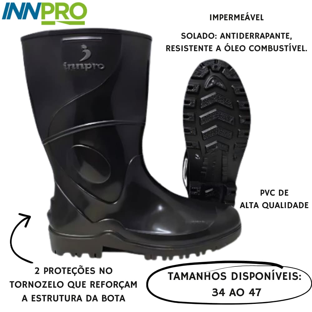 Bota Galocha PVC Preta Impermeável Antiderrapante Cano Médio Ideal para Motoboy, Pesca, Construção, Limpeza Profissional