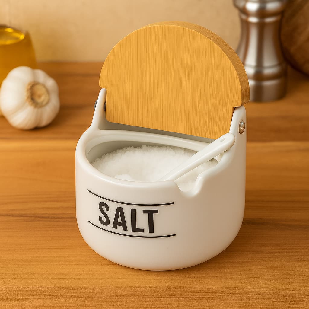 Saleiro Porcelana Tampa de Bambu Colher Branco Elegante Cozinha Mesa
