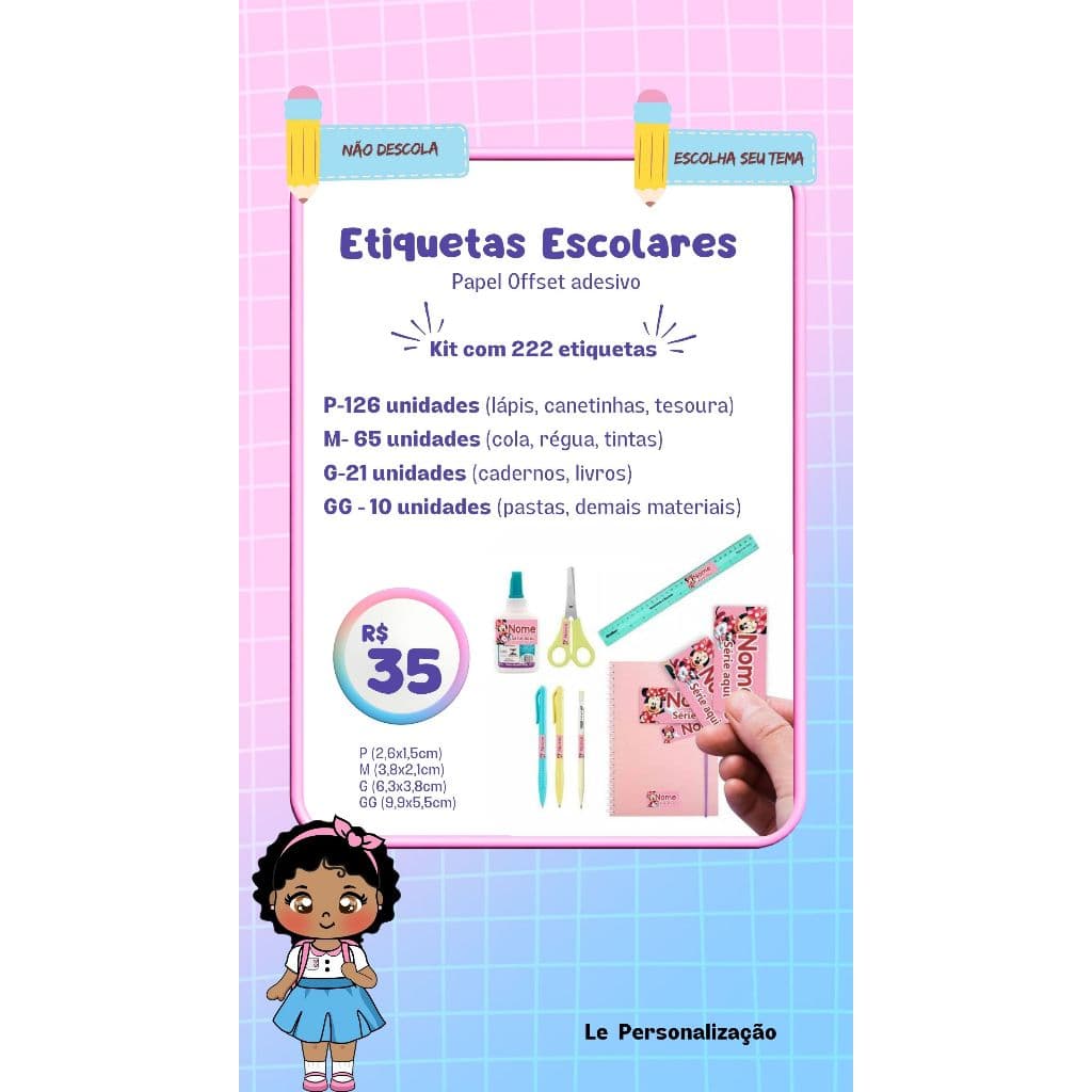 Etiquetas Escolares Adesivas - 222 unidades - Não Descola