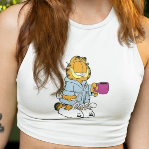 CROPEED FEMININO GARFILD DE ROBY TOMANDO CAFÉ GRINGA