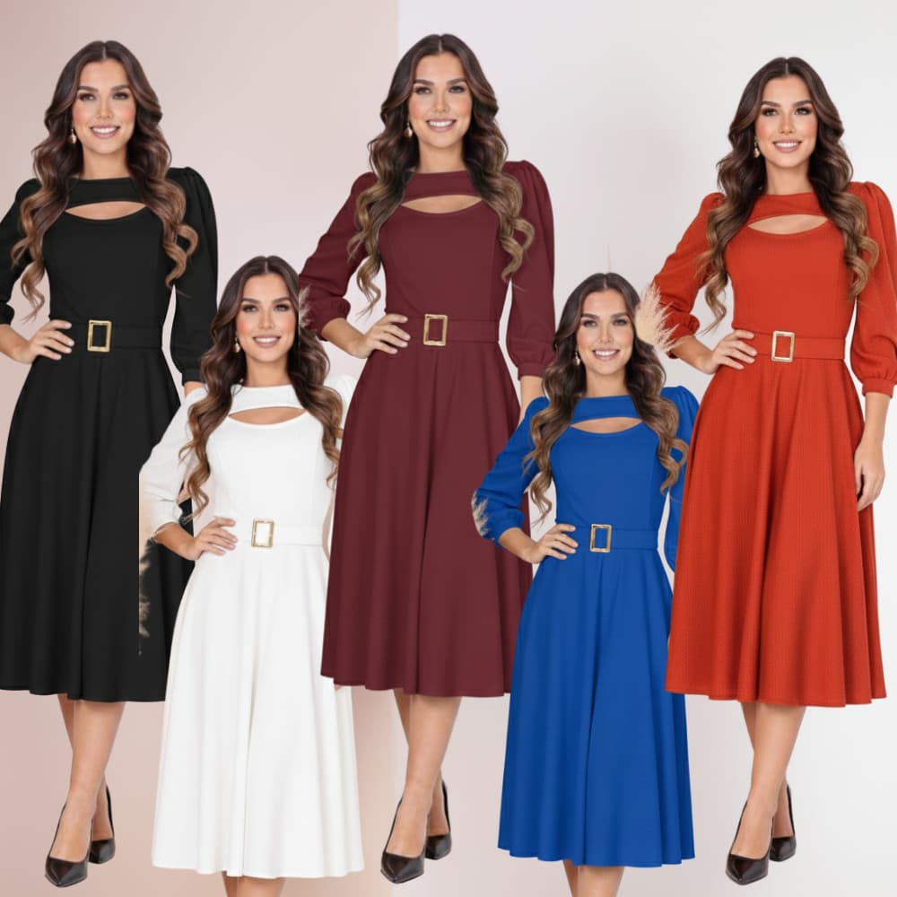 Vestido Feminino Mídi Rodado Vaze Manga Princesa 3/4 Cinto Faixa Moda Evangélica Casual Festa 38ao54