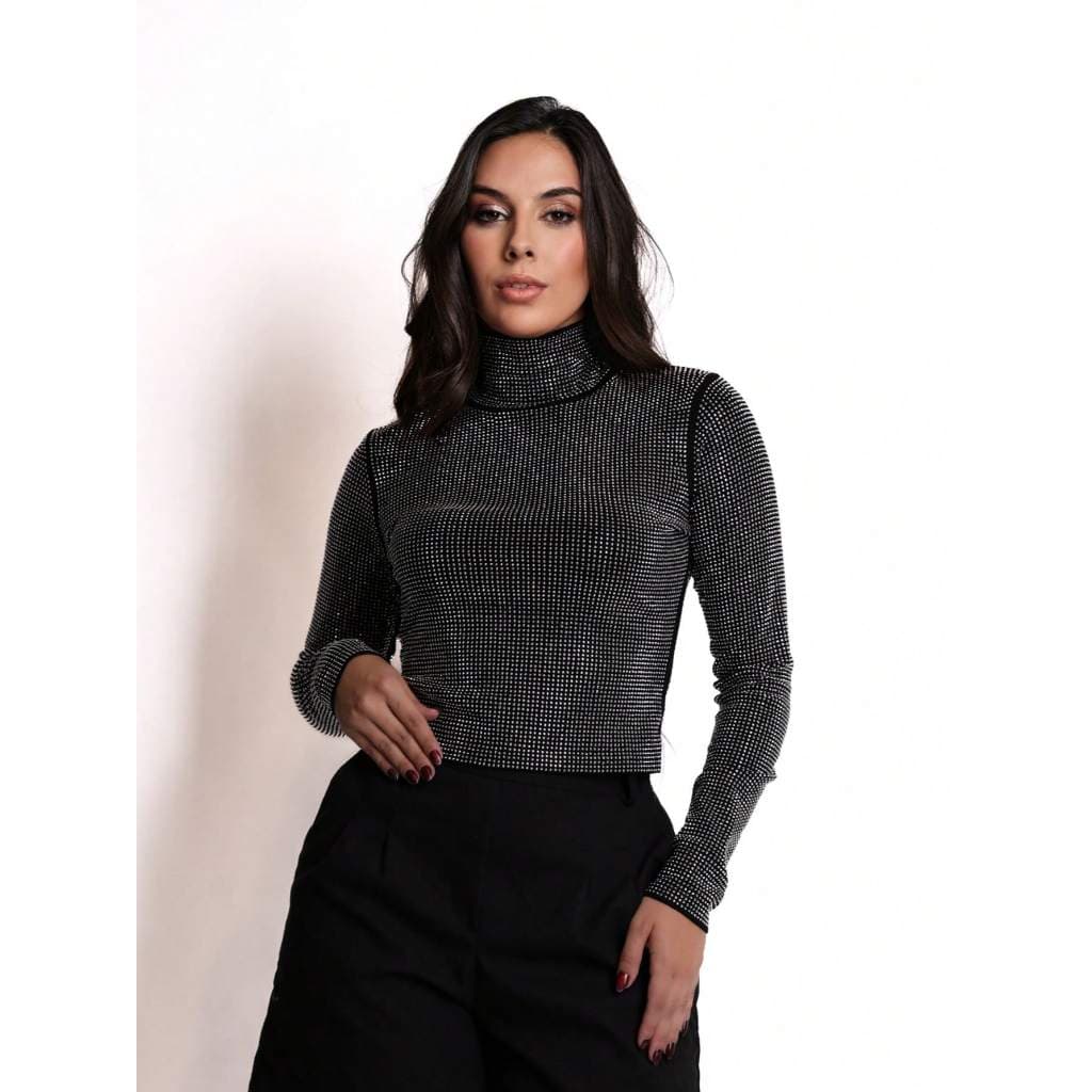 Blusa Feminina de Manga Longa com Gola Alta em Paetê