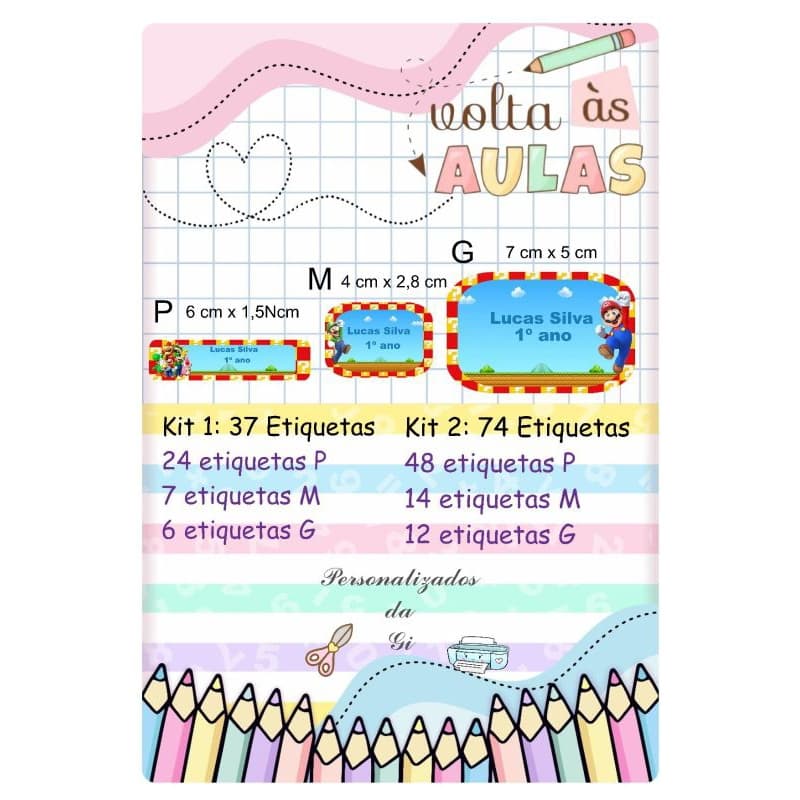 Kit Etiquetas Escolar Super Mário/ etiqueta para material escolar, lápis,cadernos.