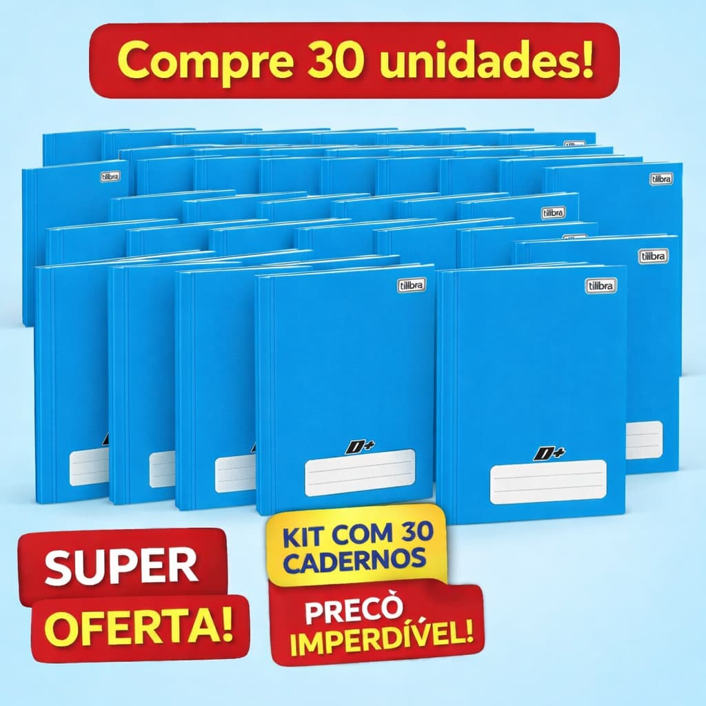 KIT COM 30 CADERNOS AZUL D+ ¼ BROCHURA CAPA DURA COSTURADO 96 FOLHAS - 30 UNIDADES