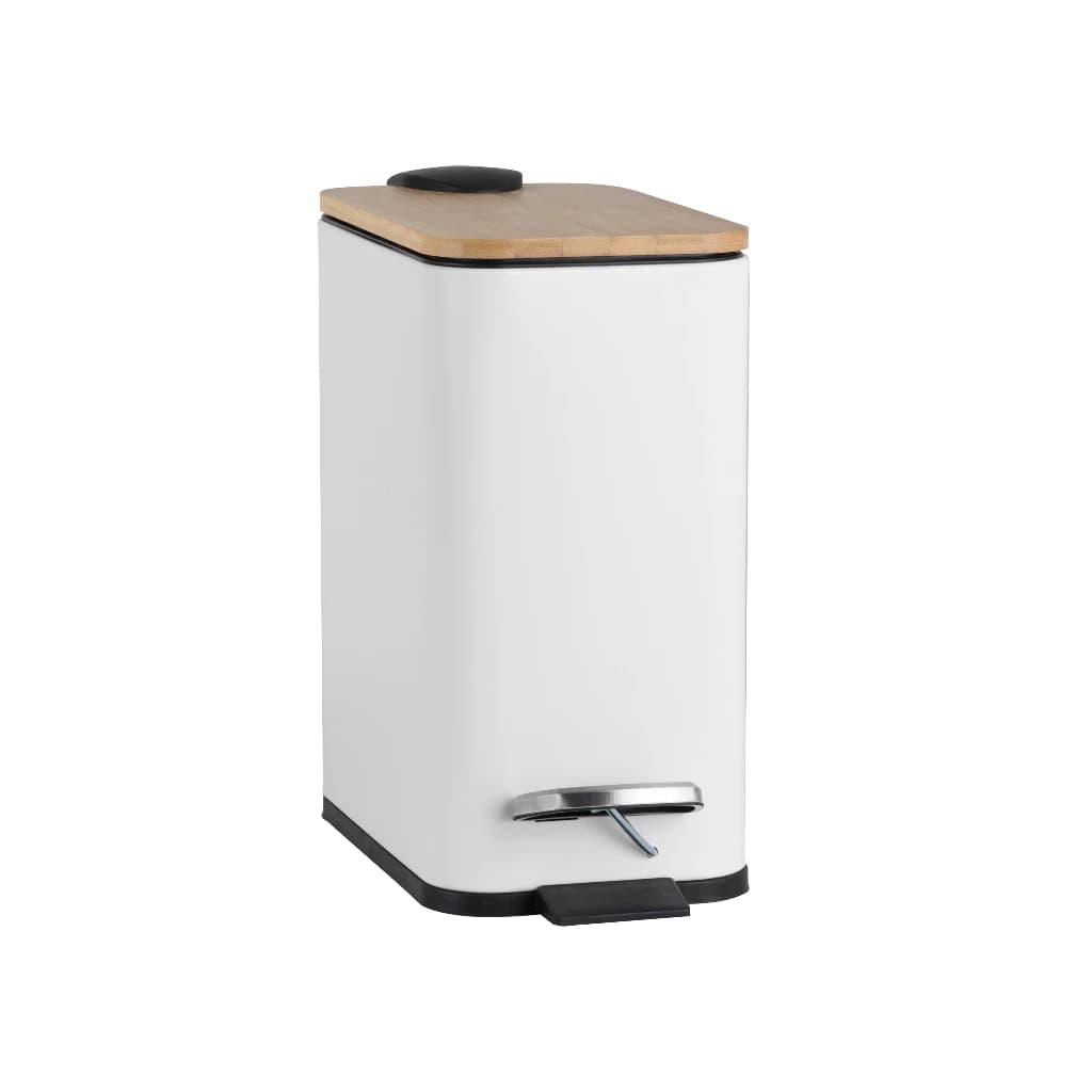 Lixo Slim Para Banheiro Lixeira Com Pedal 5 Litros Fechamento Sutil Tampa Em Bambu