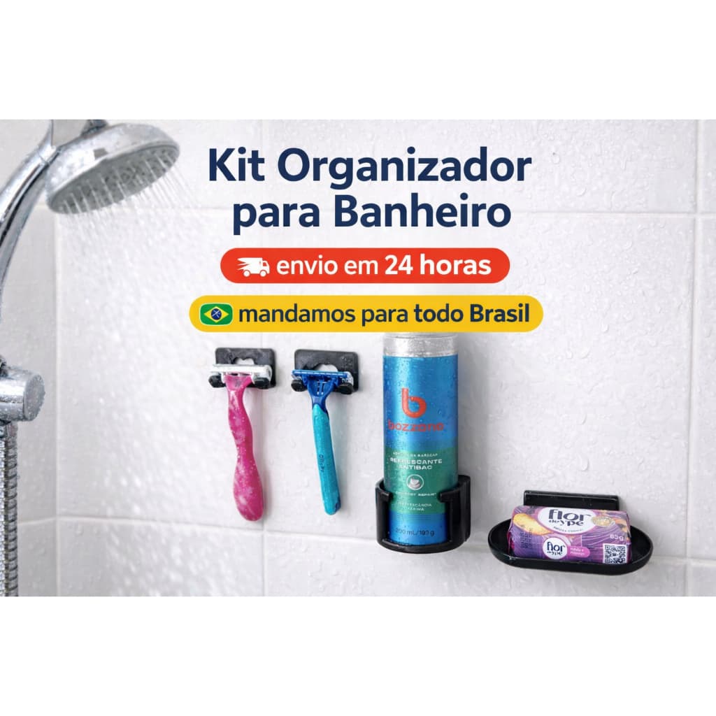 Kit Organizador de Banheiro p Box Tudo no Lugar! Porta Gilete Fem. e Masc.+ Porta Espuma+Saboneteira
