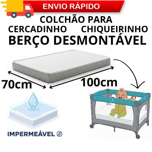 Colchão 100x70cm para Berço Chiqueirinho Desmontável Portátil Impermeável Espuma Firme e Macia para Bebê