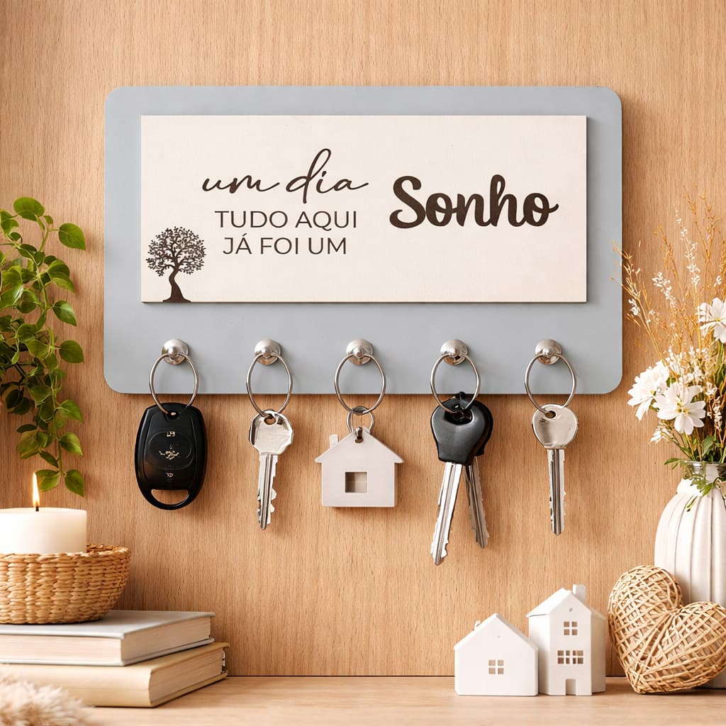 Porta Chaves Decorativo Para Parede 05 Ganchos Em MDF