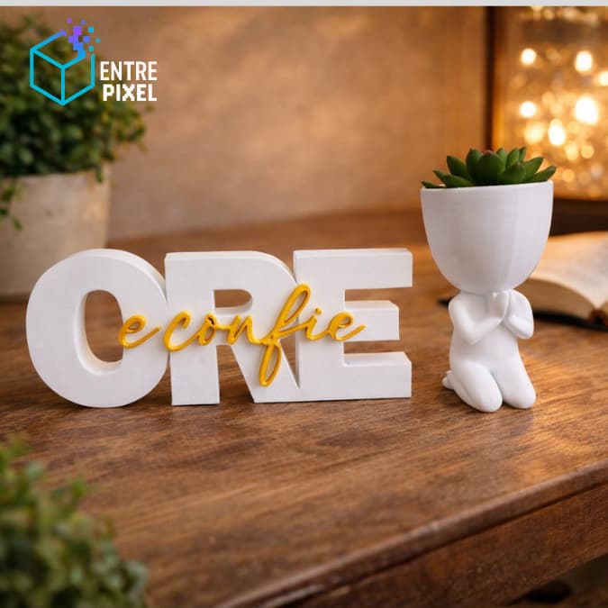 Kit Decoração Cristã ORE e CONFIE – Placa 3D + Vasinho Robert Orando | Presente Religioso Evangélico