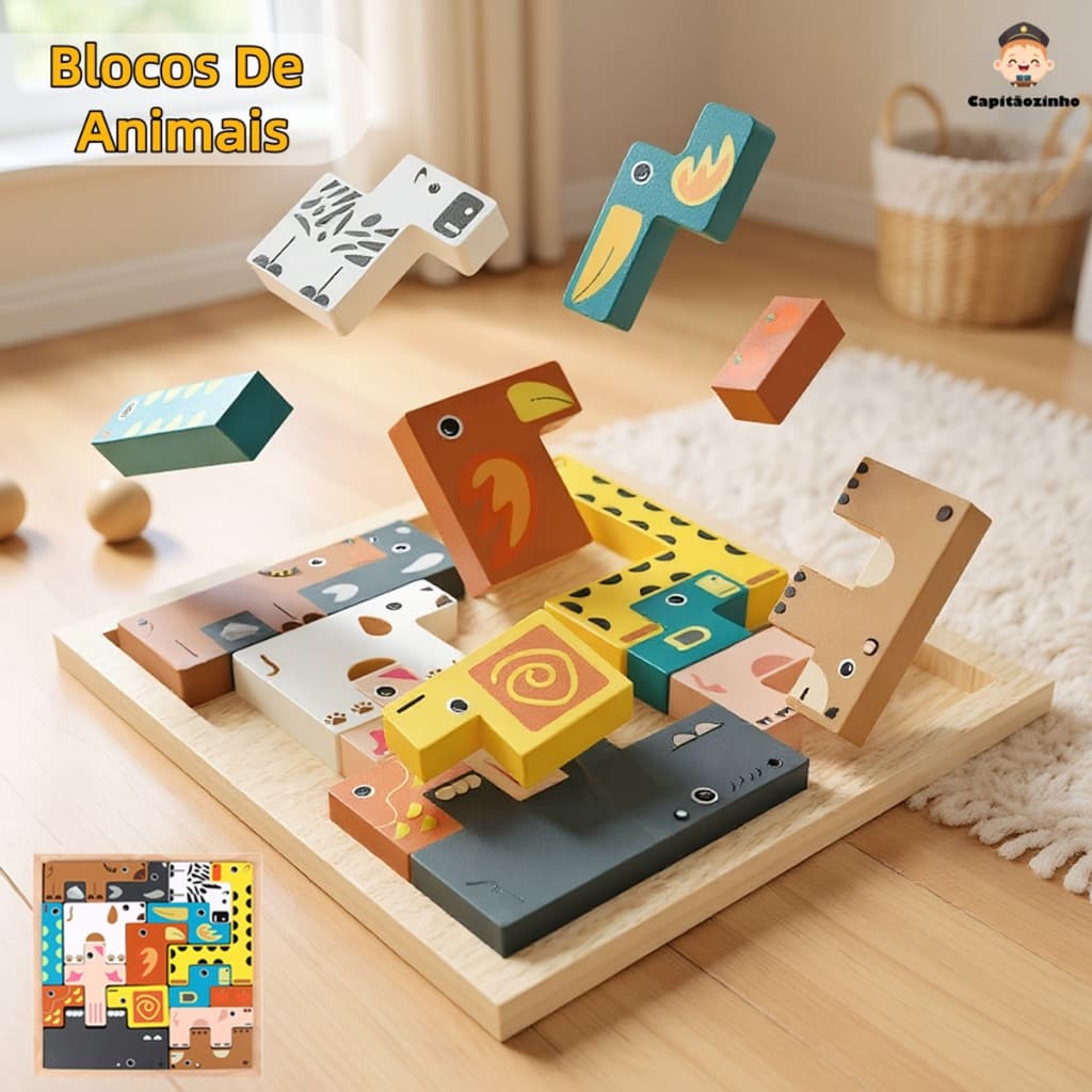Encaixe Divertido Quebra Cabeça 3D MDF Brinquedo Educativo Animais Numero Montessori Colorido Formas