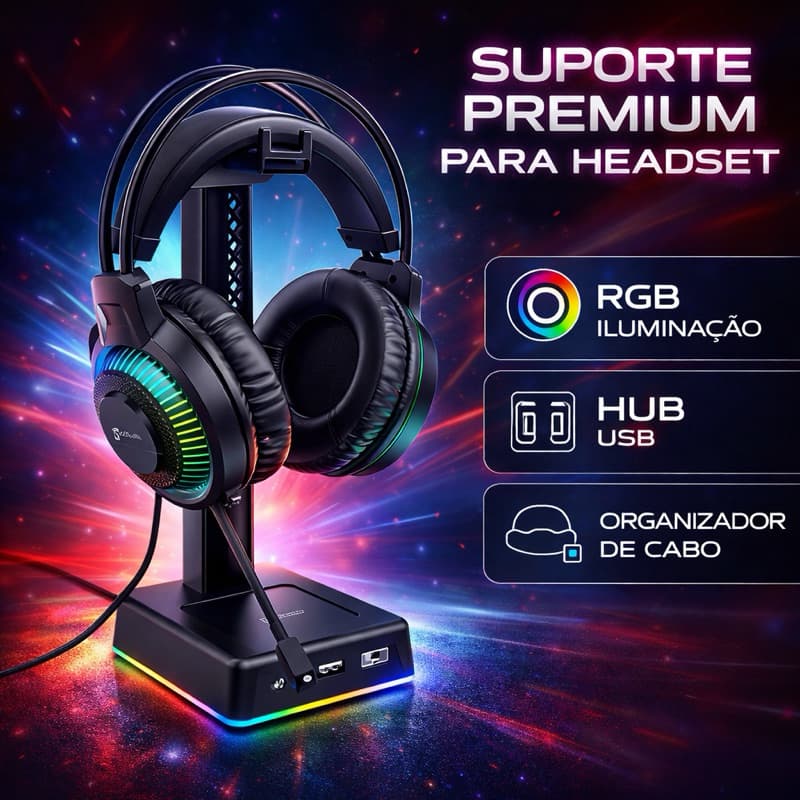 Suporte para Headset e Headphone Gamer com LED RGB 3 Portas USB Premium Antiderrapante Modelo Novo