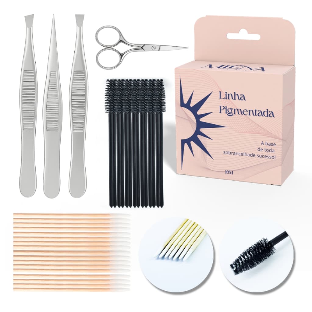 Kit Profissional Pinça Tesoura Linha Pigmentada Escovinha Palito de Algodão Design de Sobrancelha