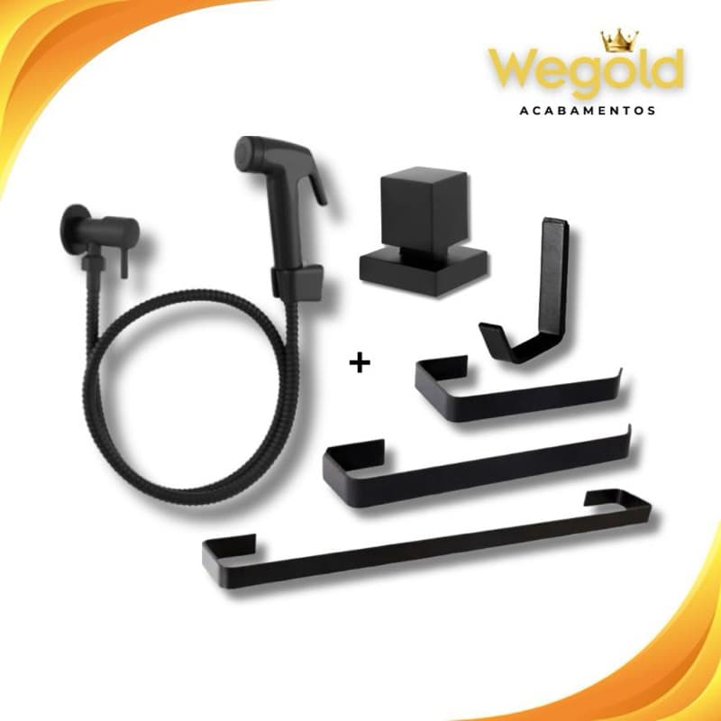 Kit Acessórios Para Banheiro 4 Peças Quadrado Preto Fosco + Ducha Higiênica e Acabamento Quadrado Preto Fosco Luxo