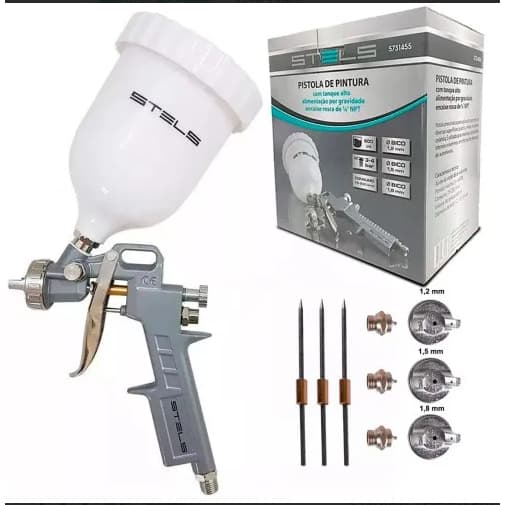Pistola de Pintura tipo Gravidade com Tanque Alto de 600ml e 3 Bicos da marca Stels