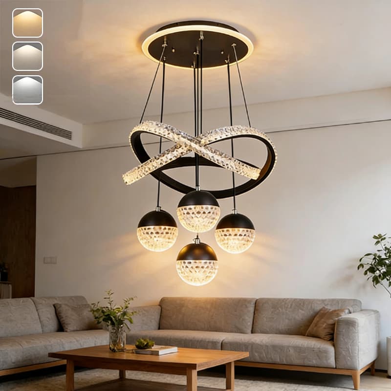 Lâmpada Suspensa Quatro Bolas (Dourado/Preto) Luz Três Cores  O16