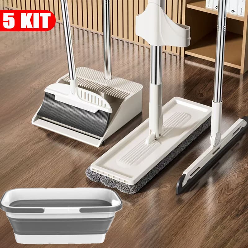 Kit Completo de  Esfregão Lazy 5 Peças para Limpeza Vassoura + Rodo + Pá +balde e Rodo Conjunto de esfregão S7