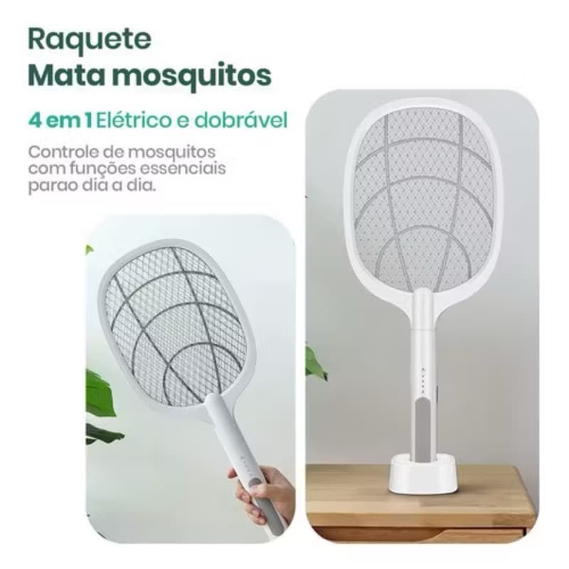 Raquete Elétrica Dobrável LED Recarregável USB - Mata Insetos com Proteção Contínua