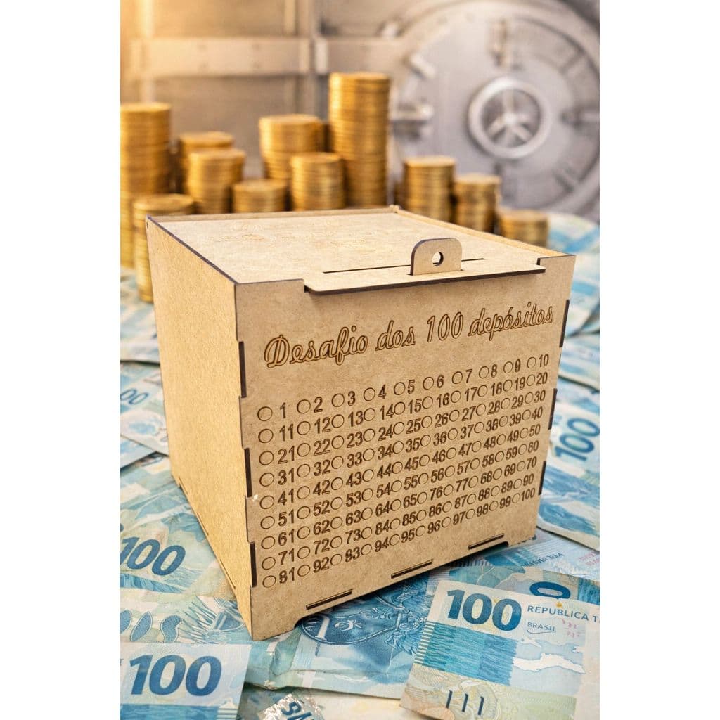 CAIXA DE 5 MIL DESAFIO DOS 100 DEPOSITOS EM MDF CRU. GUARDE CINCO MIL REAIS COM ESTE COFRE