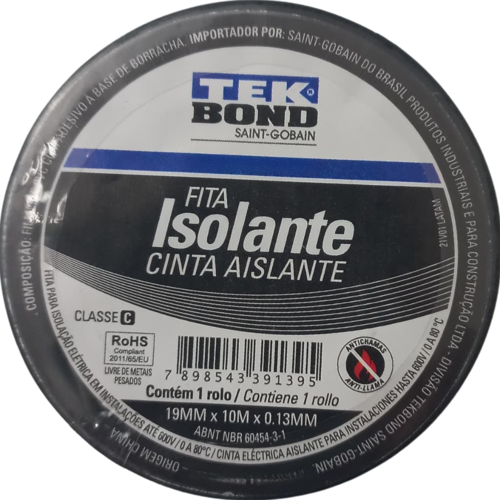Fita Isolante Profissional 5 Metros x 19mm Preta TekBond