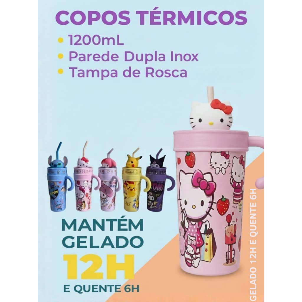 Copo Térmico 1200ml Inox com Canudo Personagens 3D Infantil – Stitch Hello Kitty Pikachu Kuromi
