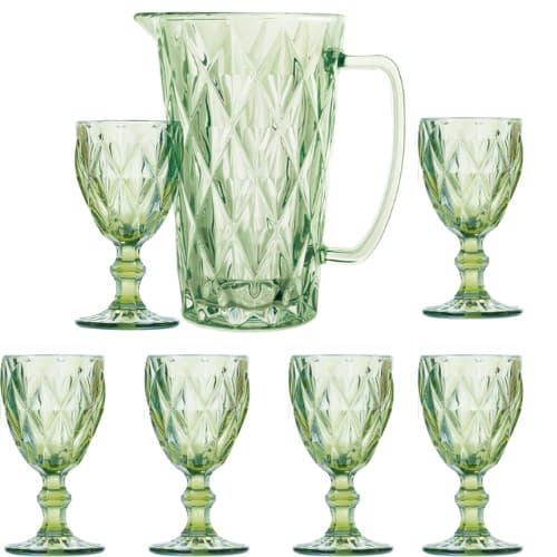 Conjunto Jarra 1,2L Com Taças Diamond 240ml Verde Kehome 7 Peças Elegante Vidro Grosso