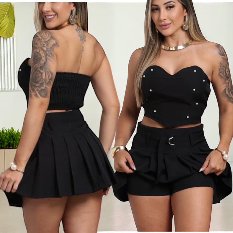 conjunto femenino cropeed com perolas e short saia plissado em Alfaiataria tendencia