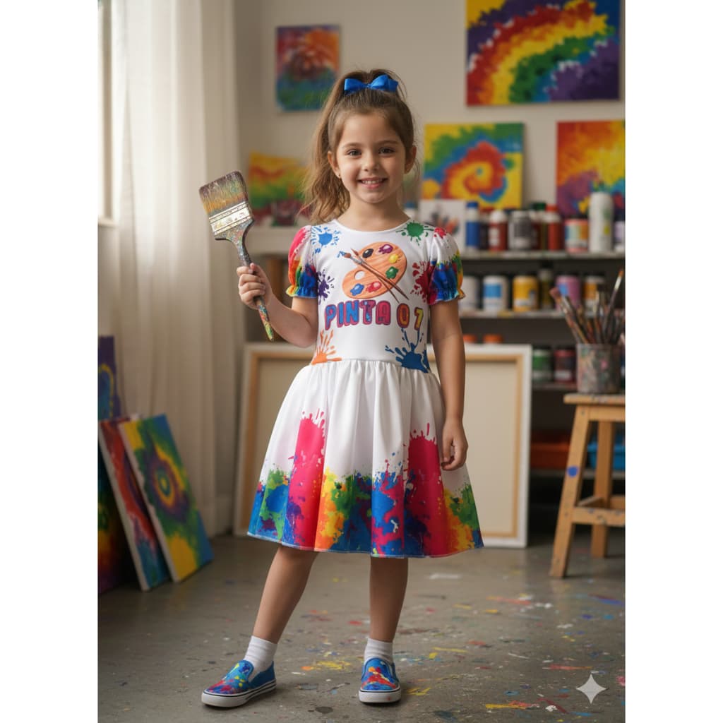 Vestido Pintando o 7 Infantil e Adulto Fantasia Colorida