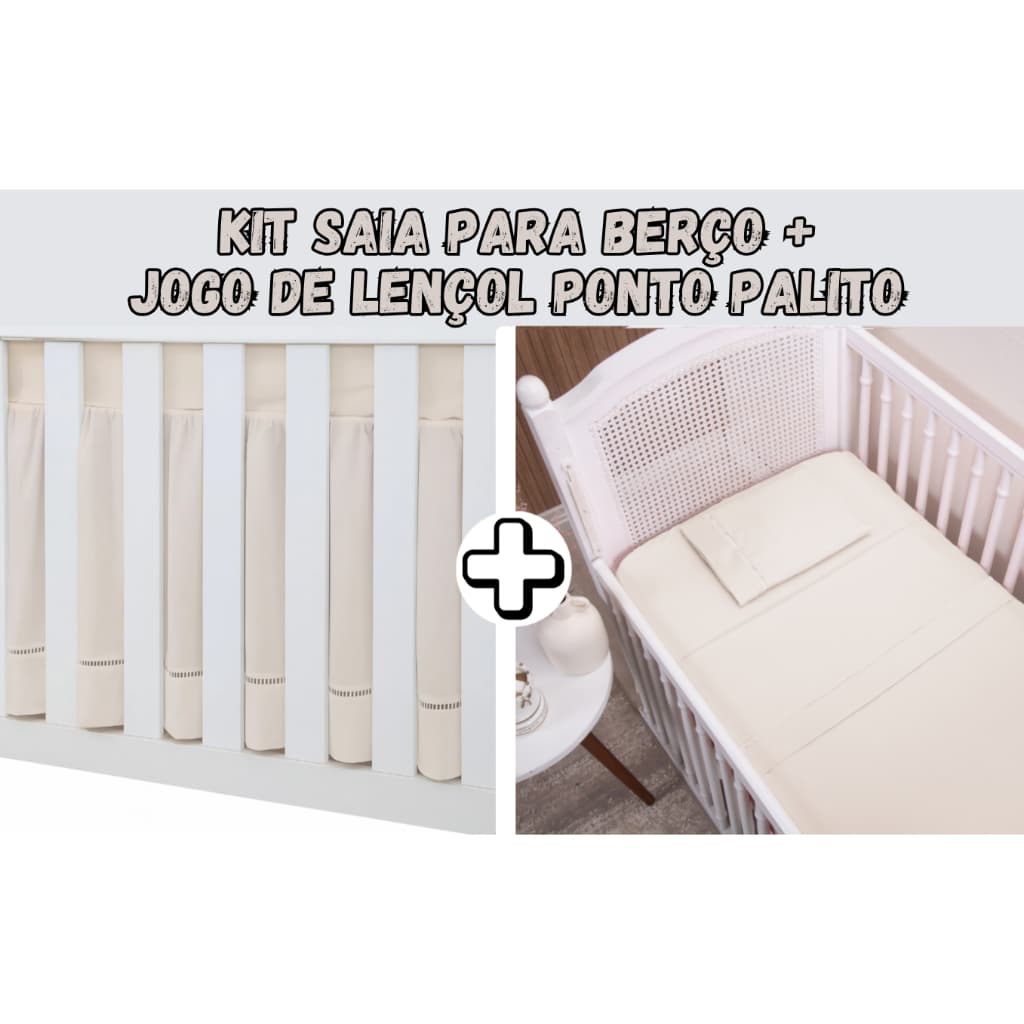 KIT JOGO DE LENÇOL PONTO PALITO 3PÇS PARA BERÇO + SAIA DE BERÇO PREMIUM