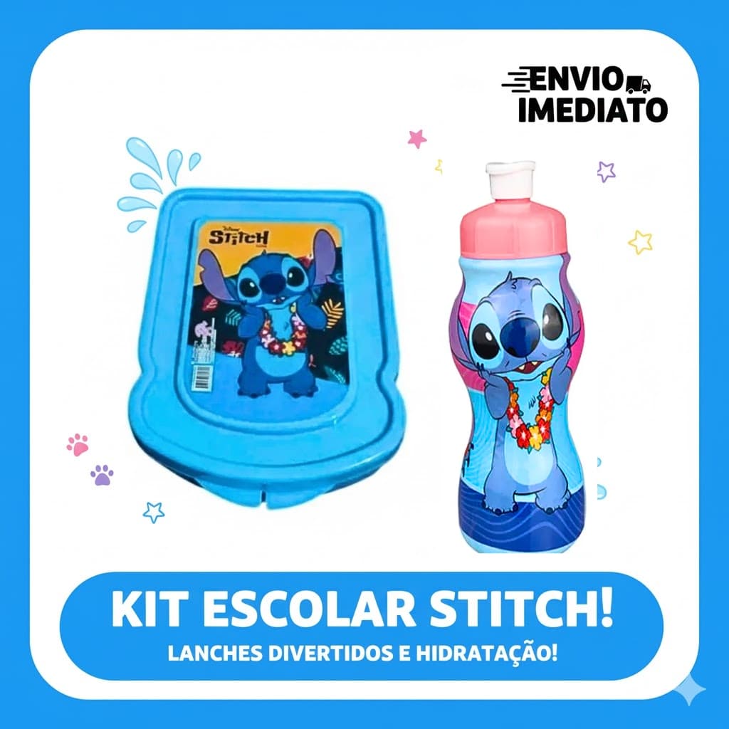 Kit Lancheira Stitch para Creche Escola Infantil Squeeze + Sanduicheira Livre de BPA