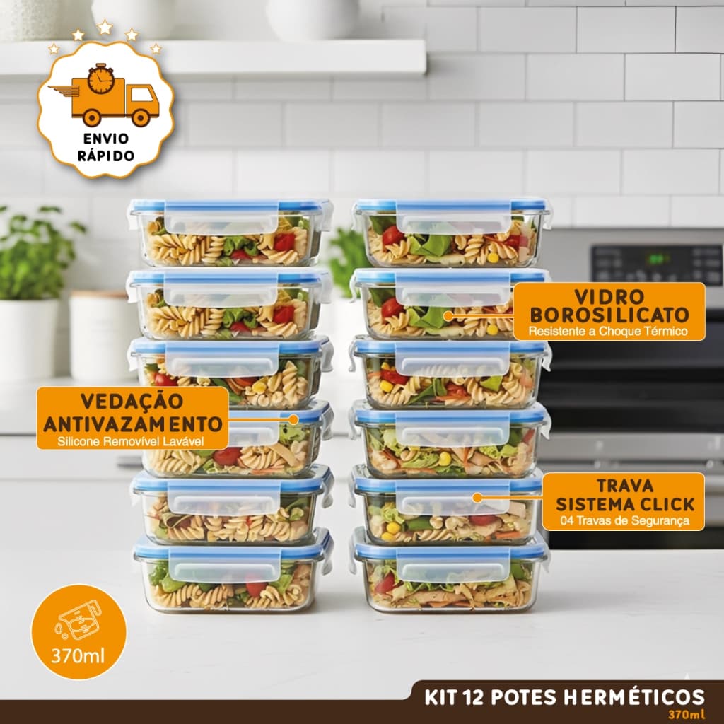 Kit Até 12 Potes Tampa Hermética Vidro Geladeira Marmita Lancheira Condimentos Mantimentos Cozinha