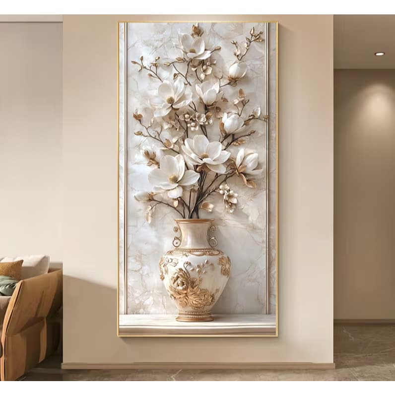 Quadro Decorativo Arte de Parede Moderna com Orquídeas Brancas e Douradas Sofisticadas Luxo Grande
