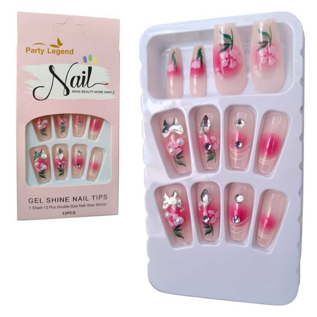 Unhas Postiças com adesivos modelo amendoada bailarina com strass estilo francesinha unhas realistas