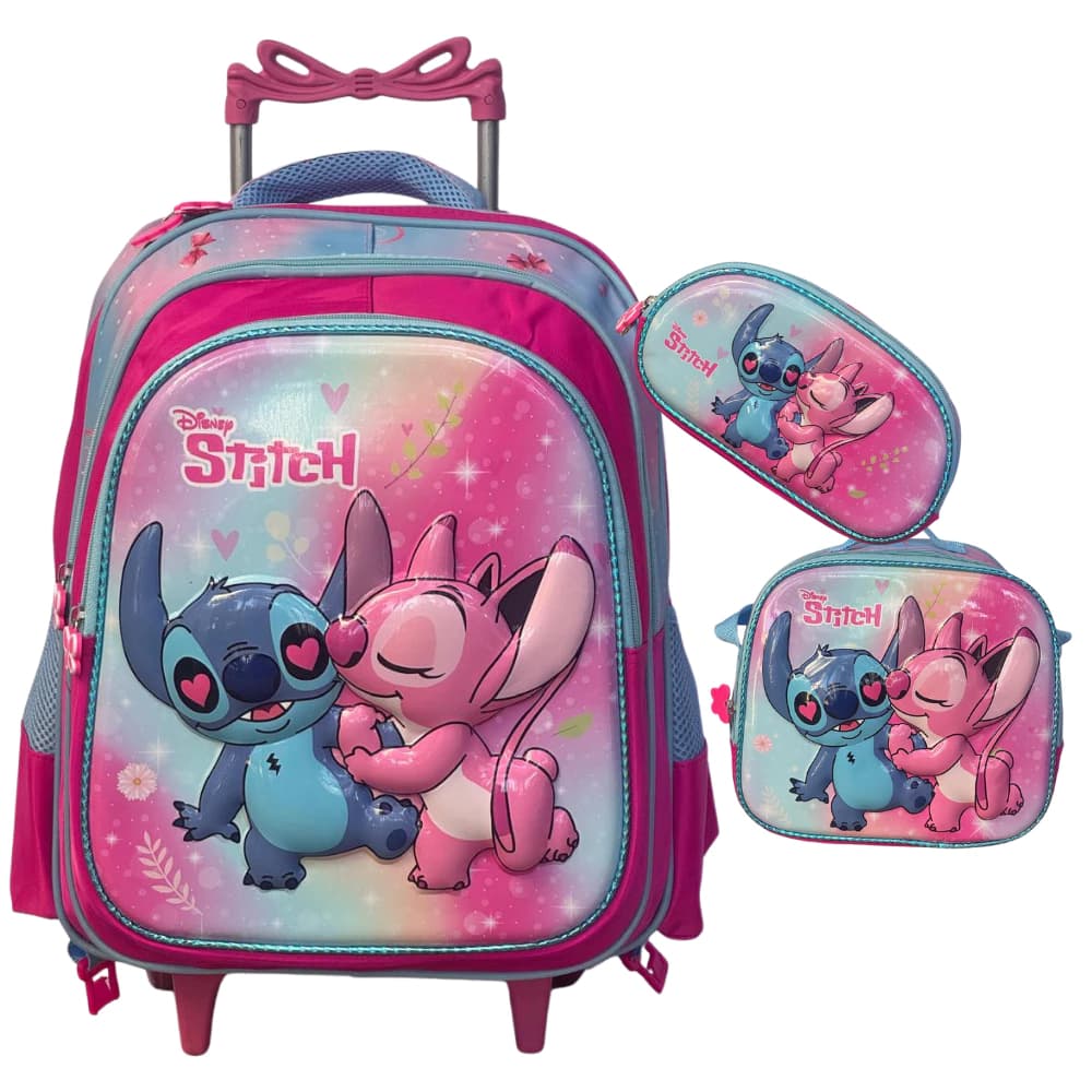 Mochila Escolar Infantil Stitch e Angel 3D COM e SEM RODINHAS + Lancheira Térmica + Estojo Feminino