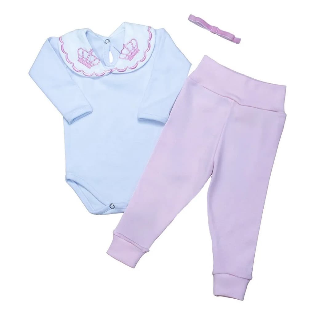 Conjunto Bebê Menina Rosa Bordado 100% Algodão Com Body e Calça Enxoval Conforto Premium Luxo