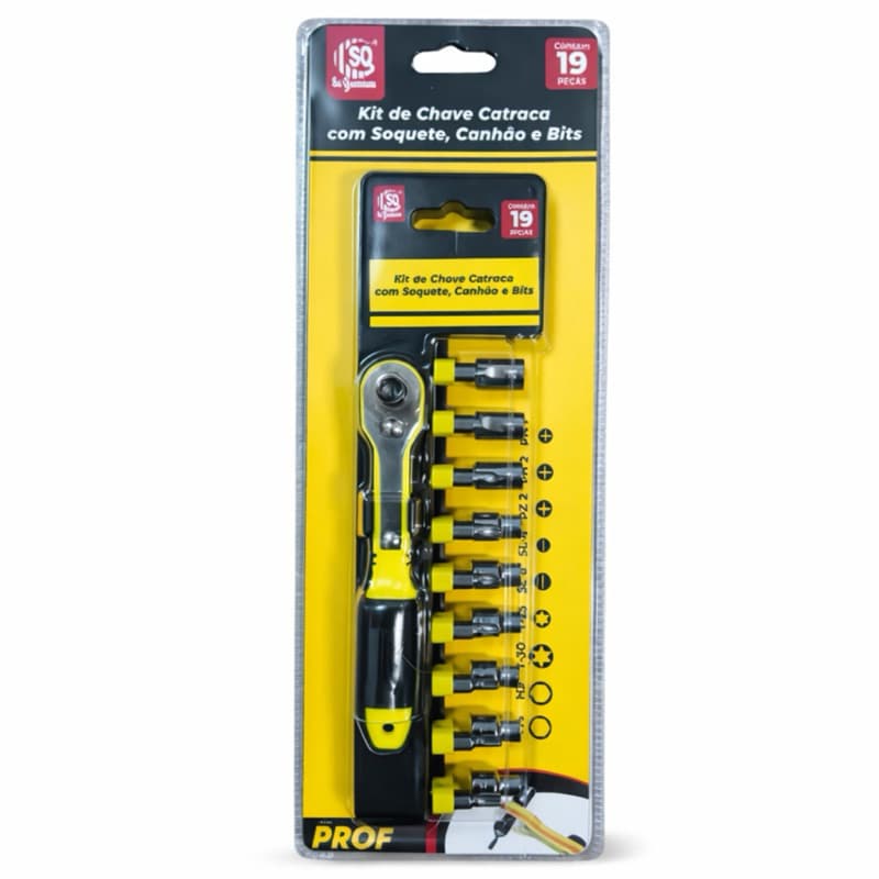 Kit Chave Catraca com Soquetes e Bits 19 Peças – Manual Bidirecional