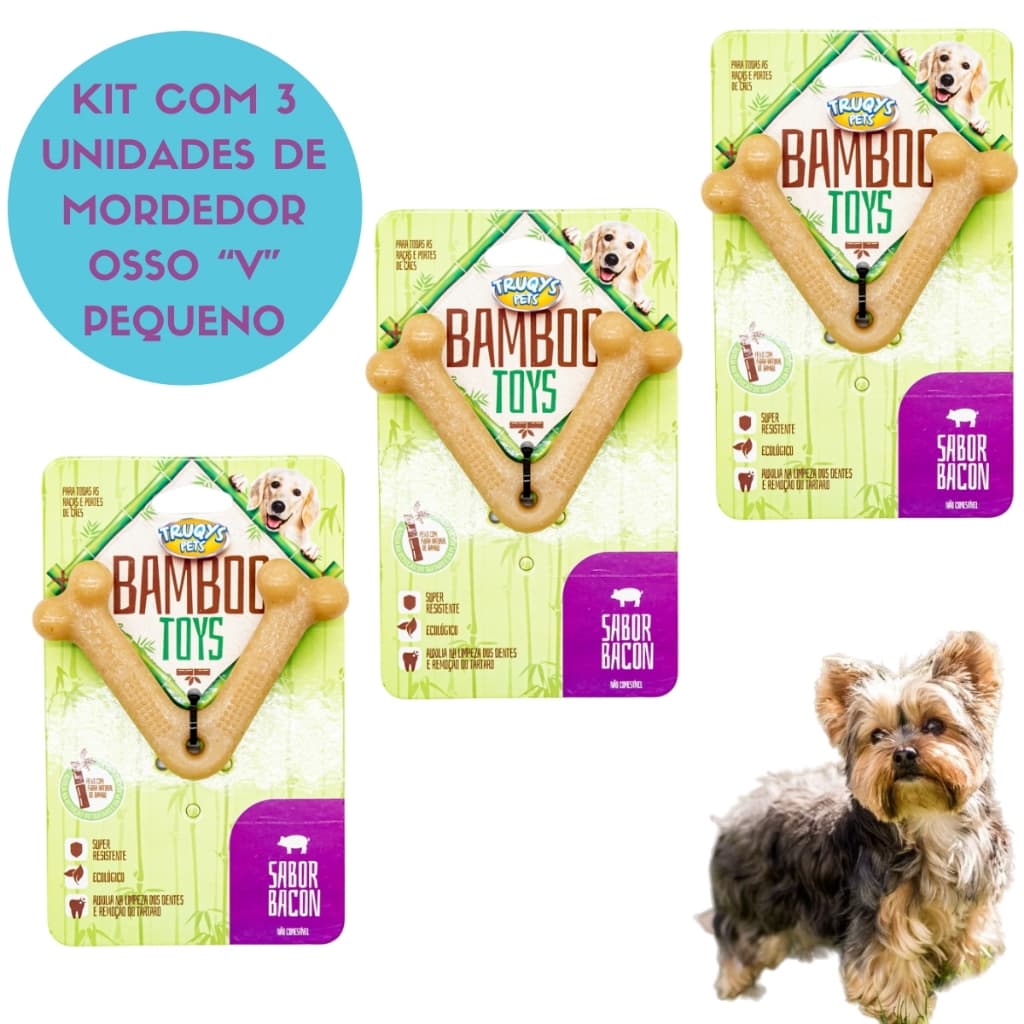 Kit 3 Unidades Osso Bamboo V Pequeno Trquys Toys Sabor Bacon Resistente para Cães Destruidores