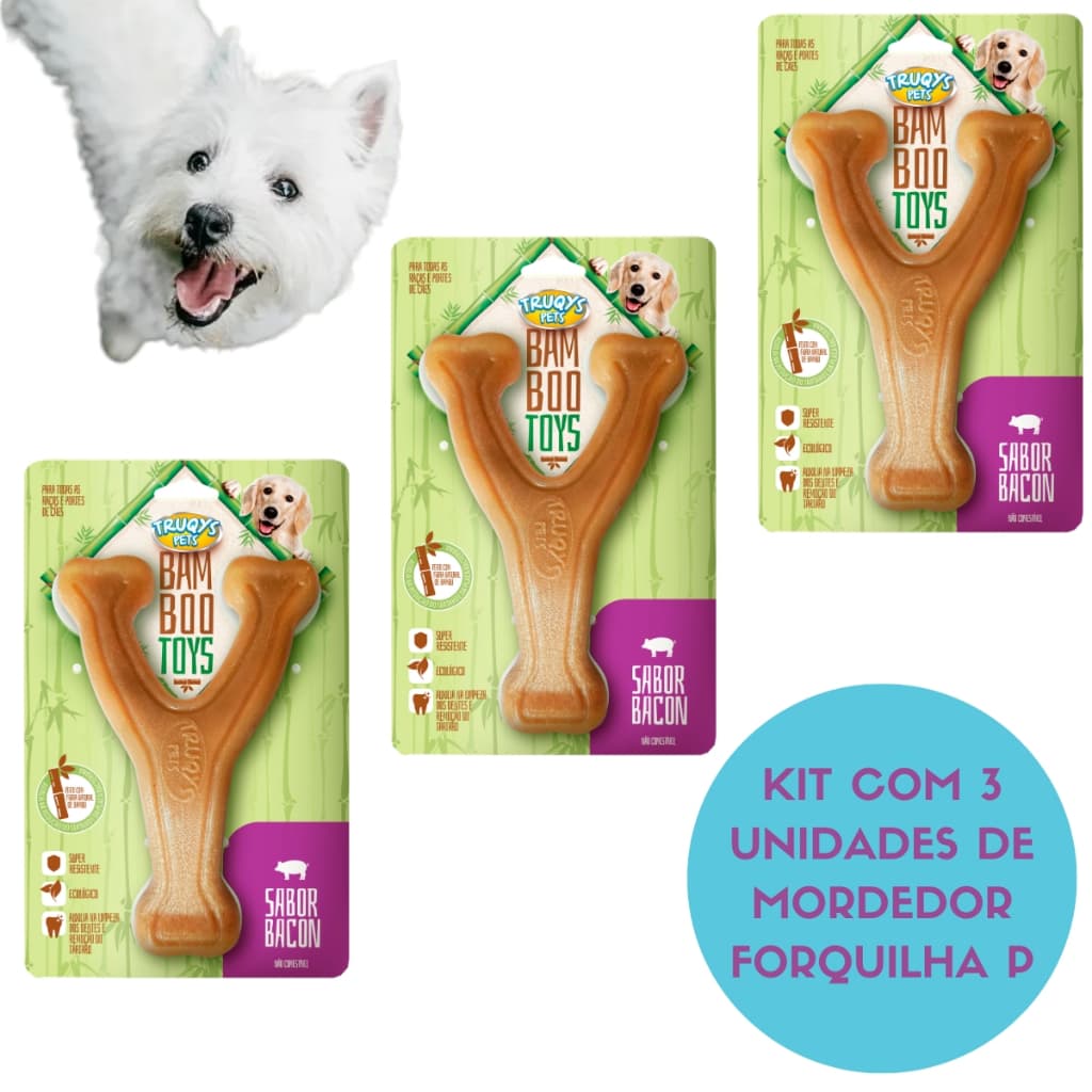 Kit 3 Unidades Osso Bamboo Forquilha P Truqys Toys Mordedor Resistente para Cães Ansiosos