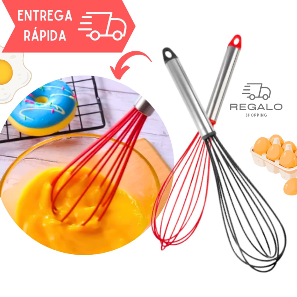 Batedor de Claras Ovos Gourmet de Silicone e Aço Inox Fuet Omelete Bolo Fouet Fue Batedor Cozinha