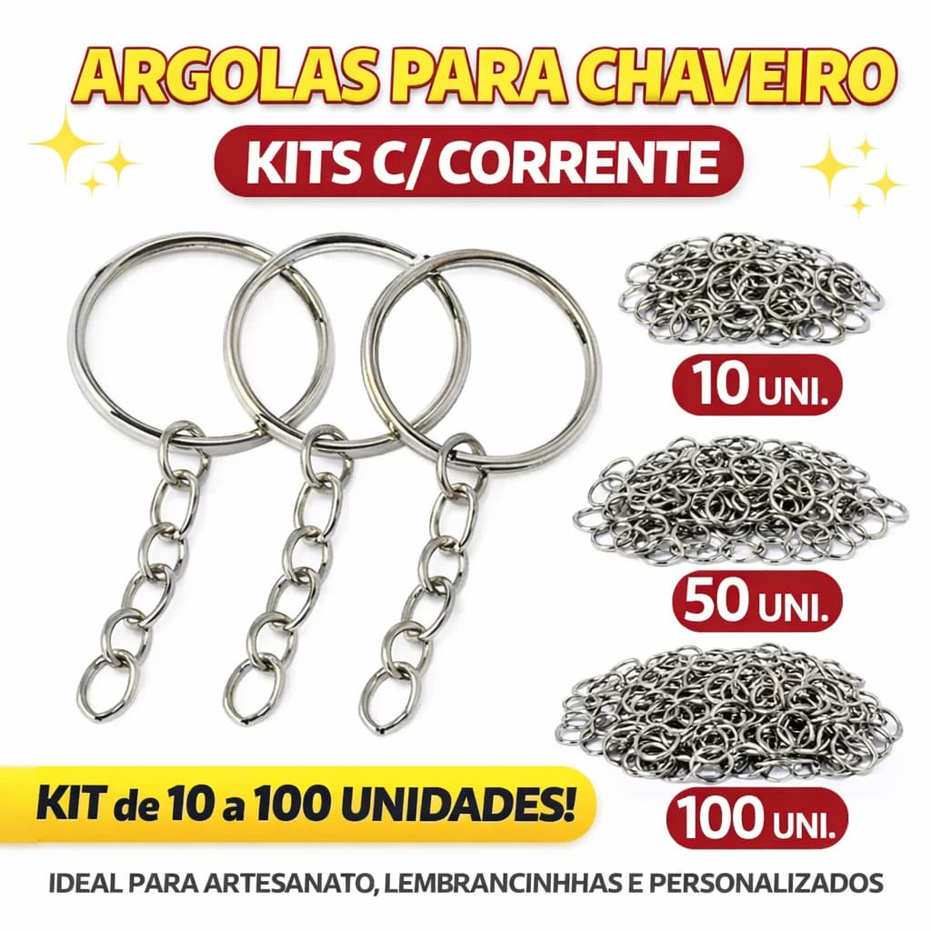 Pacote Com 100 / 50 / 10 Unidades Argola Para Chaveiro Com Corrente 20mm