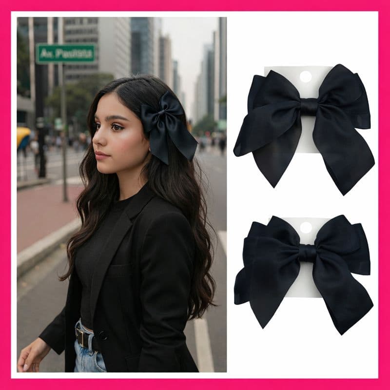 Grampo De Cabelo Com Laço De Fita De Cetim Elegante Mulher Preto J&E