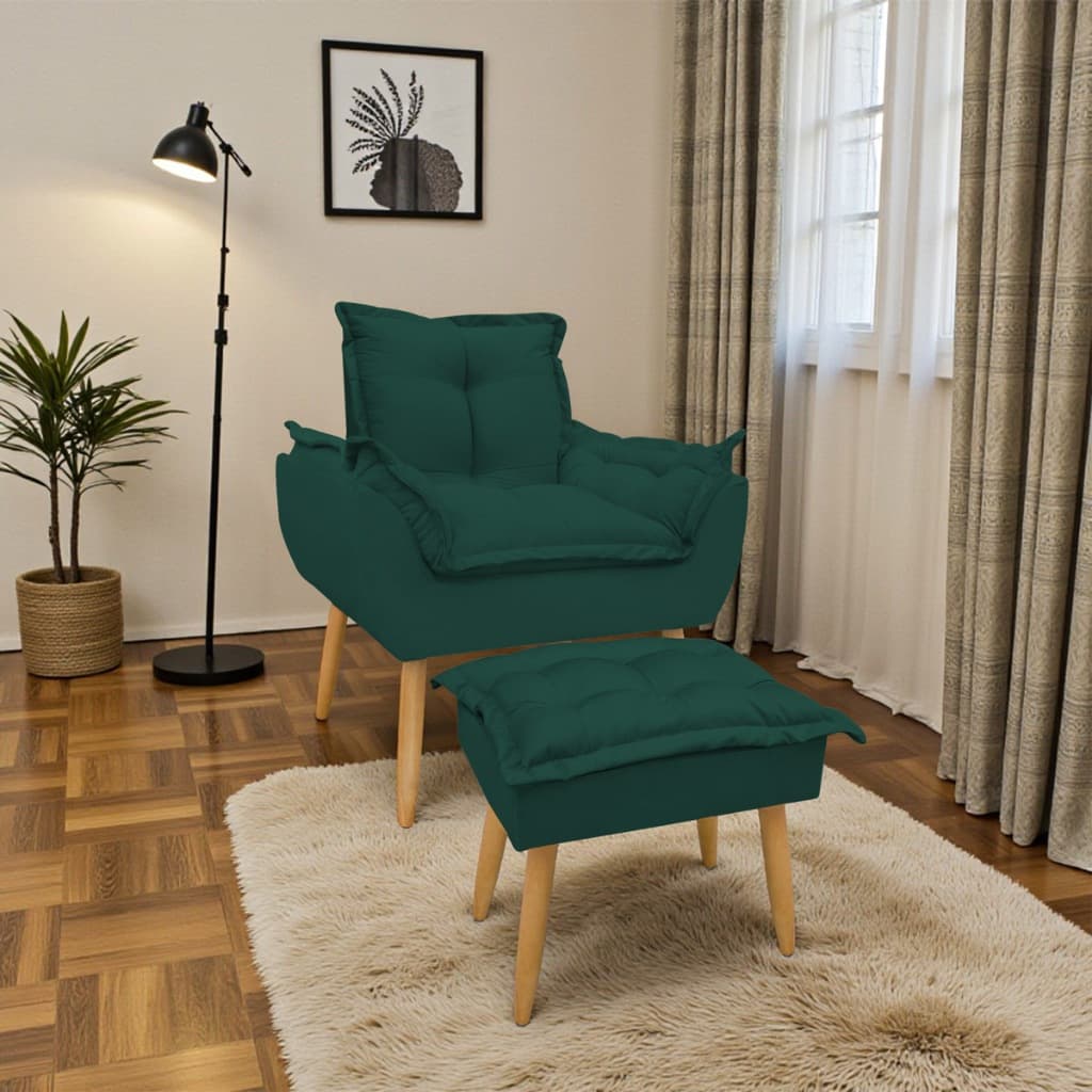 Kit Poltrona e Puff Opala para Sala Escritório Quarto Amamentação Suede Pé de Madeira