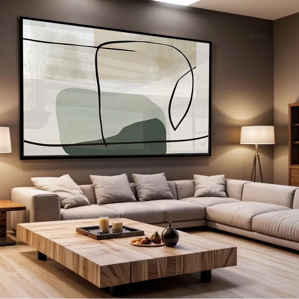 Quadro Decorativo Abstrato Verde Minimalista Linha Preta Moderna Para Sala de Estar Horizontal