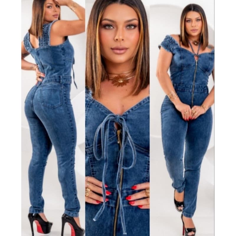 Macacão Jeans Feminino  com elastano azul premium 38 ao 48