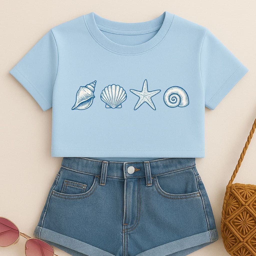 Cropped Infantil Feminino Estampa Marítima Mini Diva Conchas Búzios Estrela Do Mar