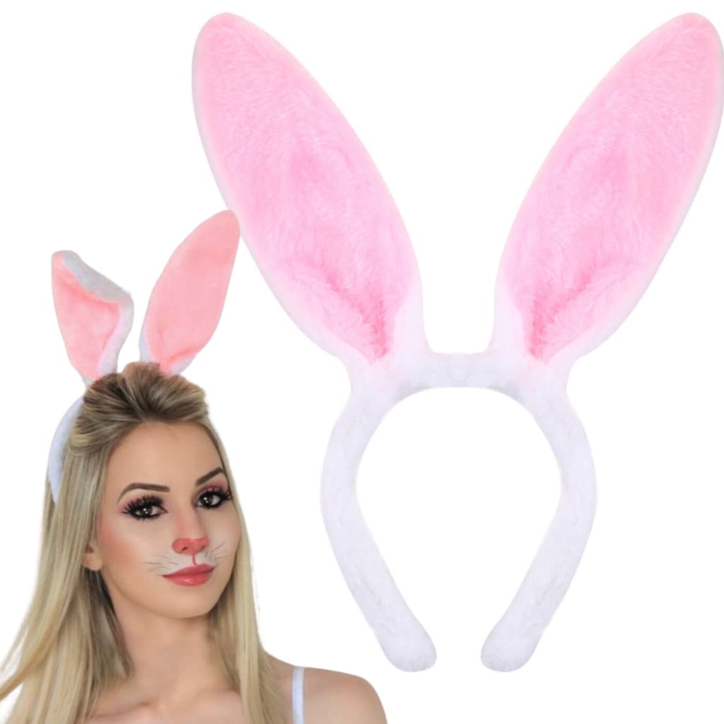 Tiara Orelhas de Coelho Pelúcia Diadema Arco Rosa com Branco Carnaval Páscoa Fantasia Coelhinha