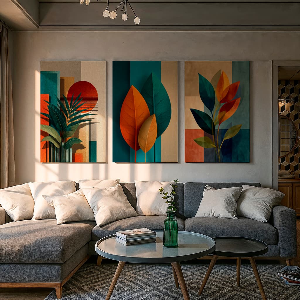 Kit 3 Peças Quadros Decorativos Sala Quarto Folhas Cores Verde Azul