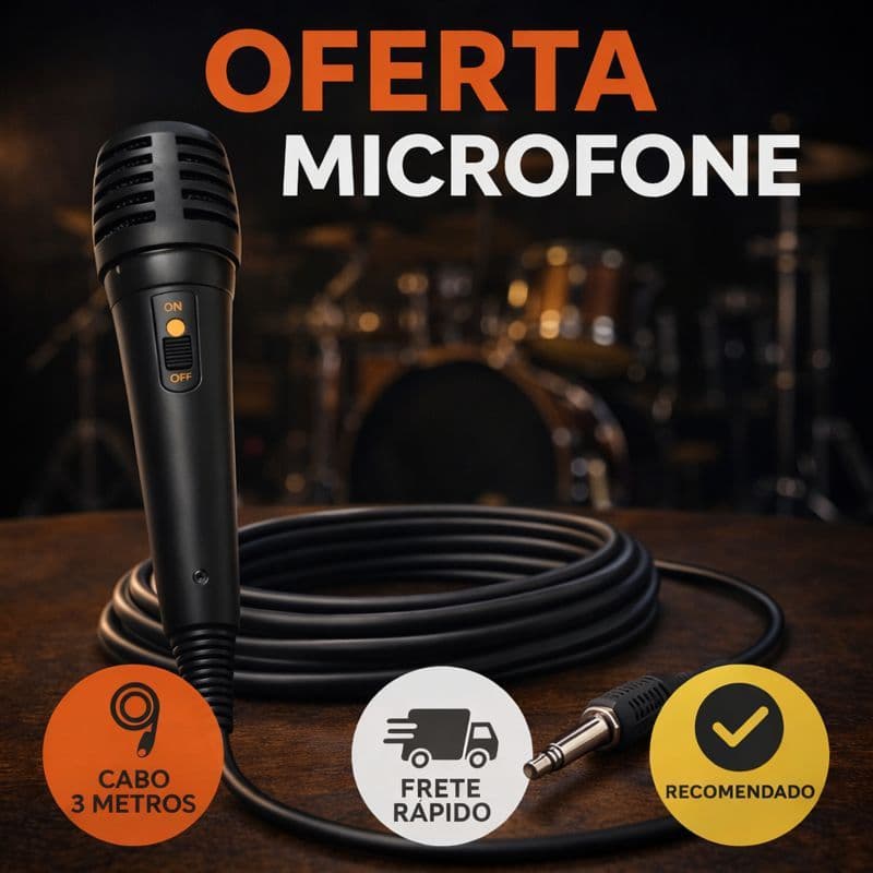 Microfone com Fio Dinâmico P10 Para Karaokê, Estúdio, Palestras, Reuniões, Show, Cabo 3 Metros