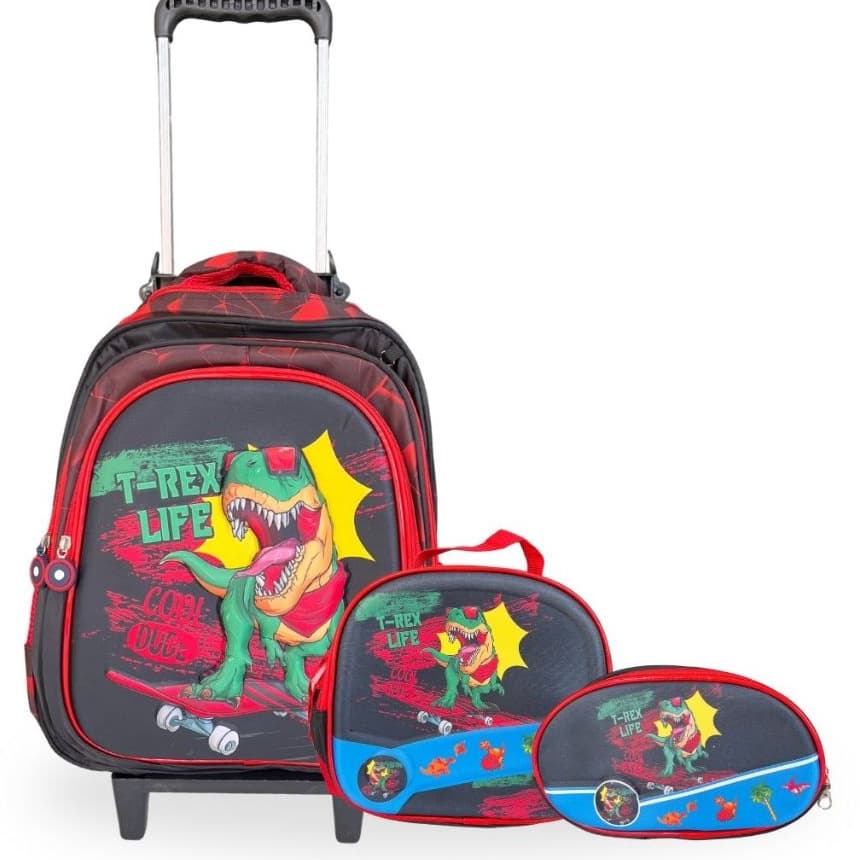 Kit Dinossauro Infantil – Mochila de Rodinhas + Lancheira + Estojo para Volta às Aulas